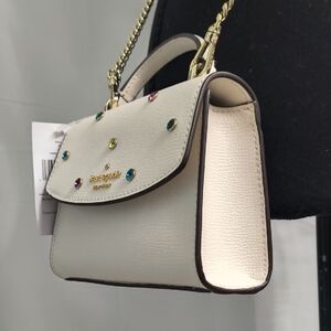 New - Kate Spade Cream Leather Studded Darcy Micro Crossbody Bag with Gold Chain